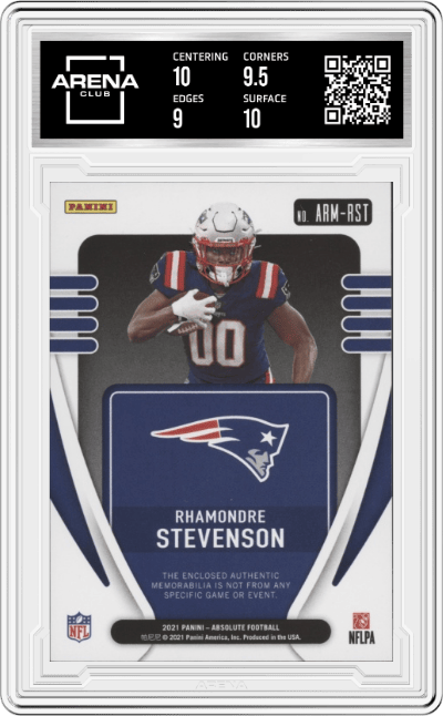 Rhamondre Stevenson from the 2021 Panini Absolute set graded by Arena Club and given an overall grade of 9.5.
