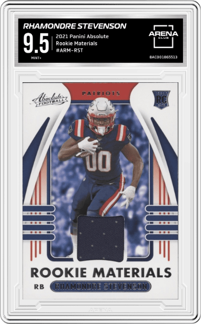 Rhamondre Stevenson from the 2021 Panini Absolute set graded by Arena Club and given an overall grade of 9.5.