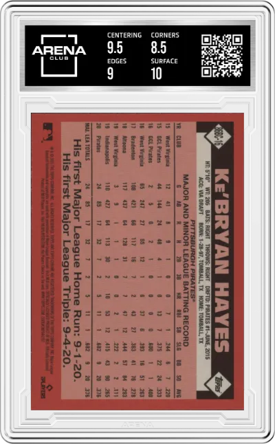 Ke'Bryan Hayes from the 2021 Topps Chrome set graded by Arena Club and given an overall grade of 9.
