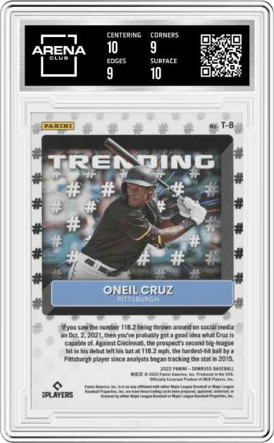 Oneil Cruz from the 2022 Panini Donruss set featuring a Vector parallel graded by Arena Club and given an overall grade of 9.5.