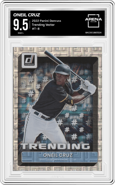 Oneil Cruz from the 2022 Panini Donruss set featuring a Vector parallel graded by Arena Club and given an overall grade of 9.5.