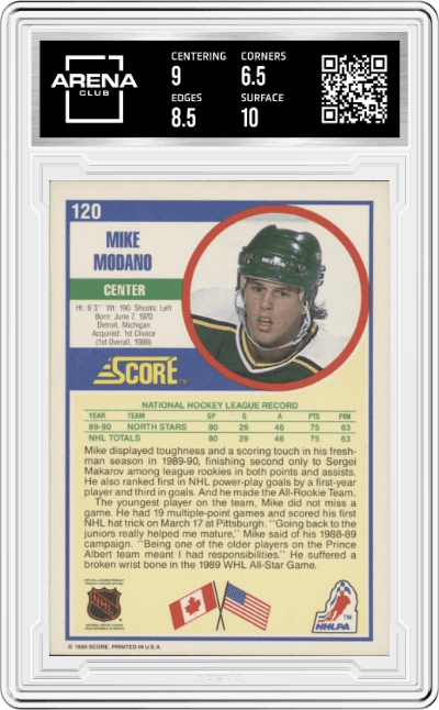 Mike Modano from the 1990-91 Score set graded by Arena Club and given an overall grade of 7.
