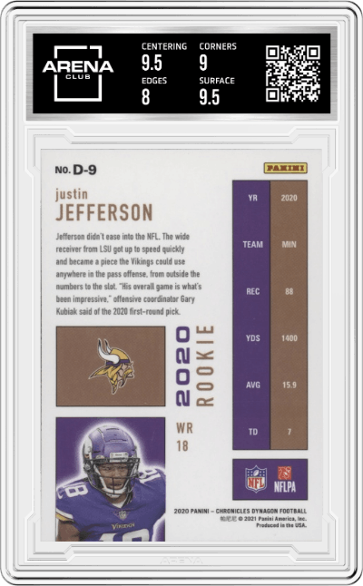 Justin Jefferson from the 2020 Panini Chronicles set graded by Arena Club and given an overall grade of 8.5.