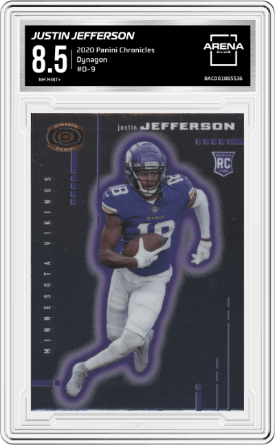 Justin Jefferson from the 2020 Panini Chronicles set graded by Arena Club and given an overall grade of 8.5.
