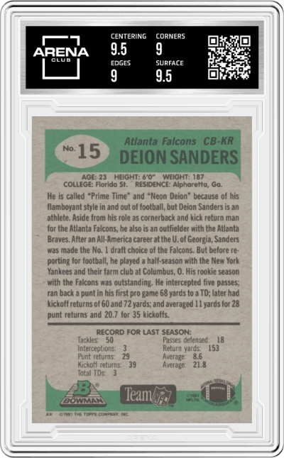 Deion Sanders from the 1991 Bowman set graded by Arena Club and given an overall grade of 9.5.