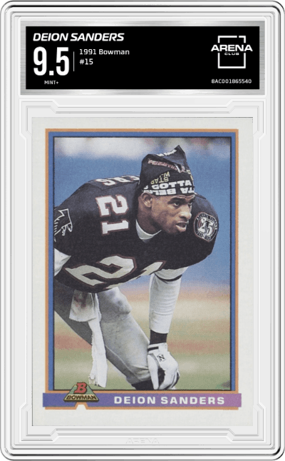 Deion Sanders from the 1991 Bowman set graded by Arena Club and given an overall grade of 9.5.