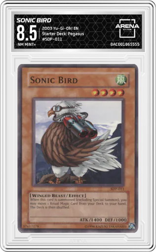Sonic Bird from the 2003 Yu-Gi-Oh! EN set graded by Arena Club and given an overall grade of 8.5.