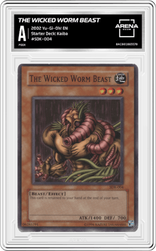 The Wicked Worm Beast from the 2002 Yu-Gi-Oh! EN set graded by Arena Club.