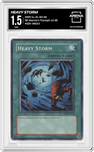 Heavy Storm from the 2005 Yu-Gi-Oh! EN set graded by Arena Club and given an overall grade of 1.5.