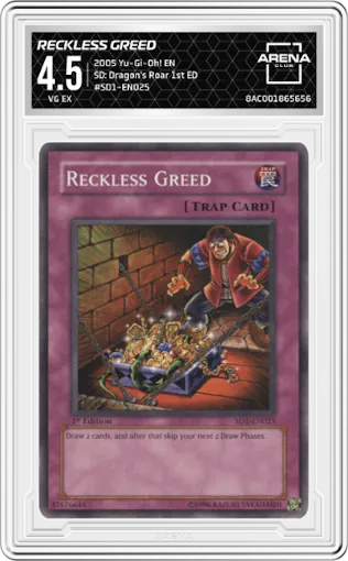 Reckless Greed from the 2005 Yu-Gi-Oh! EN set graded by Arena Club and given an overall grade of 4.5.
