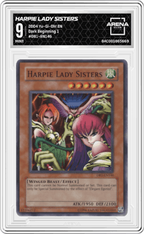 Harpie Lady Sisters from the 2004 Yu-Gi-Oh! set graded by Arena Club and given an overall grade of 9.