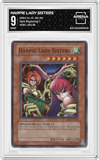 Harpie Lady Sisters from the 2004 Yu-Gi-Oh! set graded by Arena Club and given an overall grade of 9.