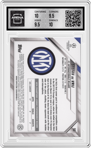 Stefan de Vrij from the 2021-22 Topps UEFA CL set featuring a Starball Foil  parallel graded by Arena Club and given an overall grade of 10.