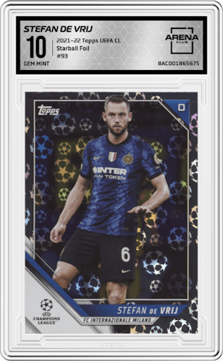 Stefan de Vrij from the 2021-22 Topps UEFA CL set featuring a Starball Foil  parallel graded by Arena Club and given an overall grade of 10.