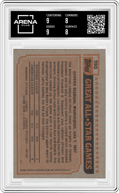 Reggie Jackson from the 1983 Topps set graded by Arena Club and given an overall grade of 8.5.