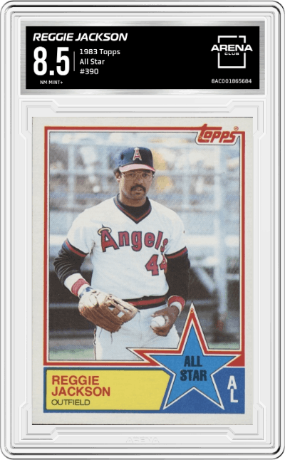 Reggie Jackson from the 1983 Topps set graded by Arena Club and given an overall grade of 8.5.