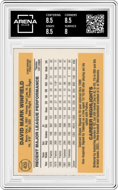 Dave Winfield from the 1983 Donruss set graded by Arena Club and given an overall grade of 8.5.