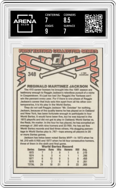 Reggie Jackson from the 1981 Donruss set graded by Arena Club and given an overall grade of 7.5.