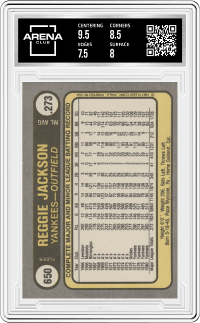 Reggie Jackson  from the 1981 Fleer set graded by Arena Club and given an overall grade of 8.