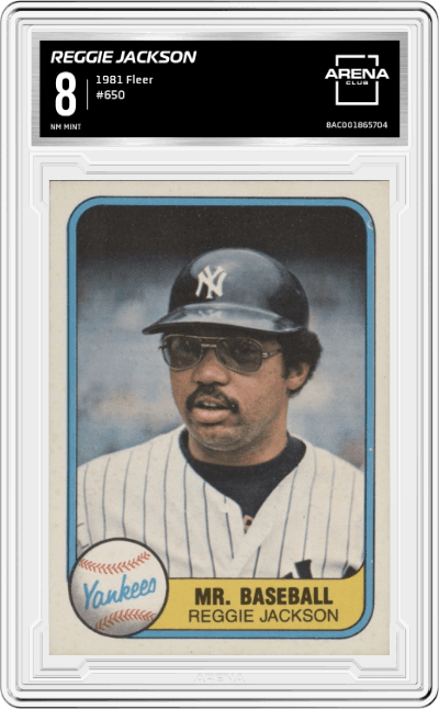 Reggie Jackson  from the 1981 Fleer set graded by Arena Club and given an overall grade of 8.