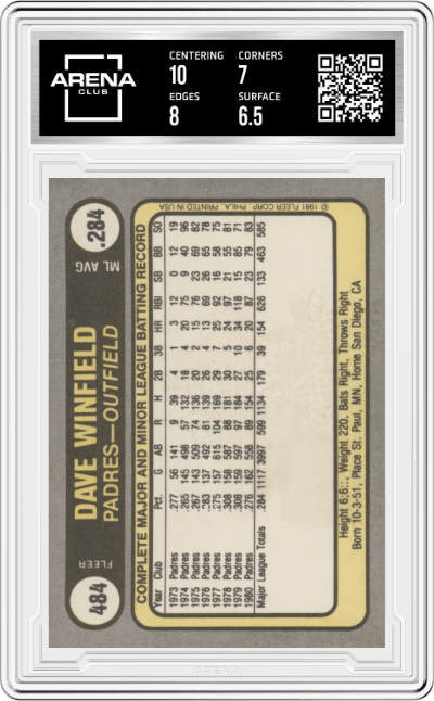 Dave Winfield from the 1981 Fleer set graded by Arena Club and given an overall grade of 7.