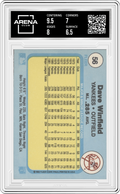 Dave Winfield from the 1982 Fleer set graded by Arena Club and given an overall grade of 7.