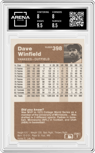 Dave Winfield from the 1983 Fleer  set graded by Arena Club and given an overall grade of 8.5.