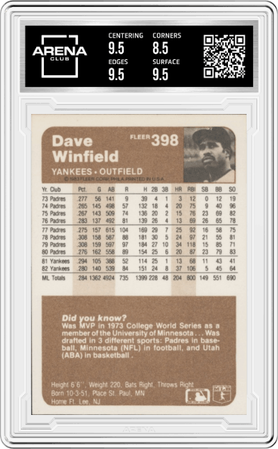 Dave Winfield from the 1983 Fleer  set graded by Arena Club and given an overall grade of 9.