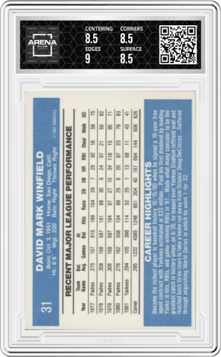 Dave Winfield  from the 1982 Donruss set graded by Arena Club and given an overall grade of 8.5.