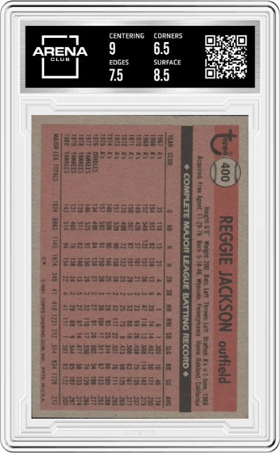 Reggie Jackson from the 1981 Topps set graded by Arena Club and given an overall grade of 7.