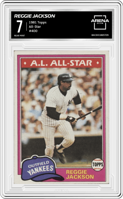 Reggie Jackson from the 1981 Topps set graded by Arena Club and given an overall grade of 7.
