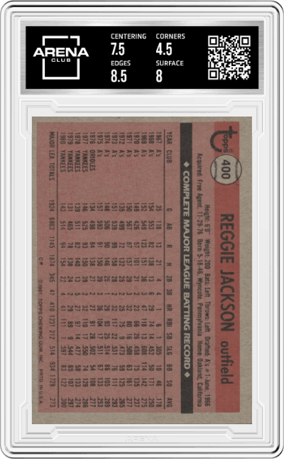 Reggie Jackson from the 1981 Topps set graded by Arena Club and given an overall grade of 5.