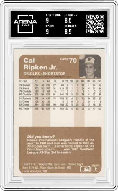 Cal Ripken Jr.  from the 1983 Fleer  set graded by Arena Club and given an overall grade of 9.