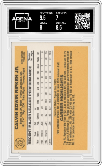 Cal Ripken from the 1983 Donruss set graded by Arena Club and given an overall grade of 7.5.