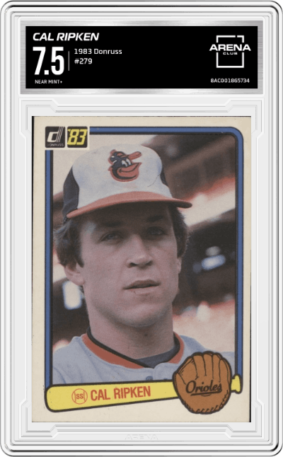 Cal Ripken from the 1983 Donruss set graded by Arena Club and given an overall grade of 7.5.