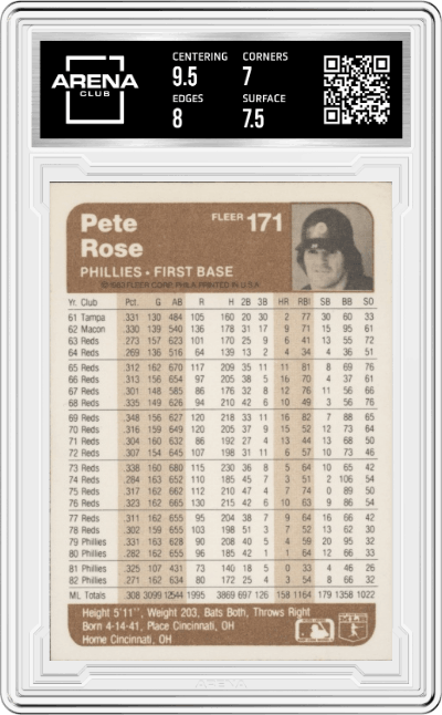 Pete Rose from the 1983 Fleer  set graded by Arena Club and given an overall grade of 7.5.