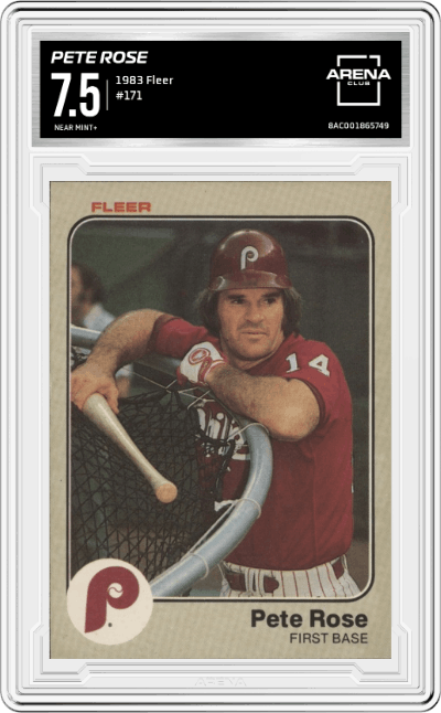 Pete Rose from the 1983 Fleer  set graded by Arena Club and given an overall grade of 7.5.