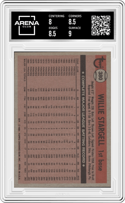 Willie Stargell from the 1981 Topps set graded by Arena Club and given an overall grade of 8.5.