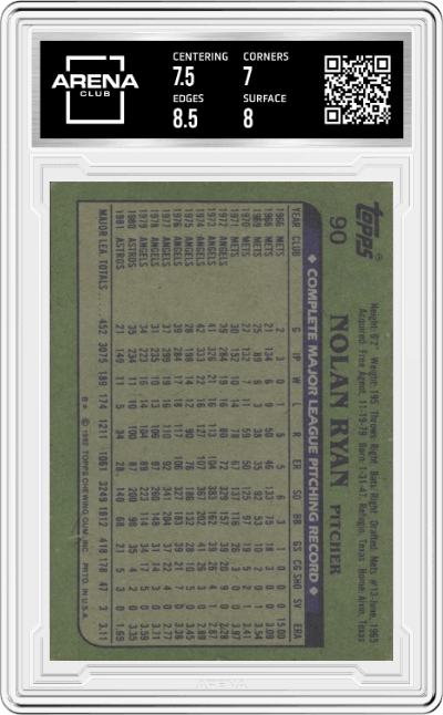 Nolan Ryan from the 1982 Topps set graded by Arena Club and given an overall grade of 7.5.