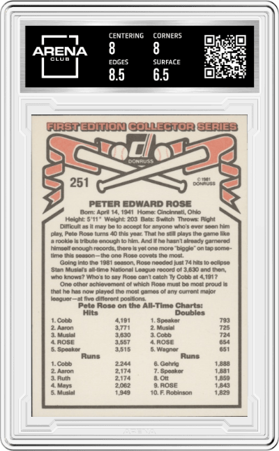 Pete Rose from the 1981 Donruss set graded by Arena Club and given an overall grade of 7.