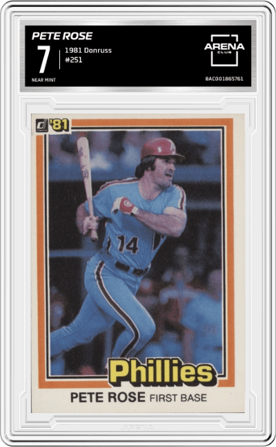 Pete Rose from the 1981 Donruss set graded by Arena Club and given an overall grade of 7.
