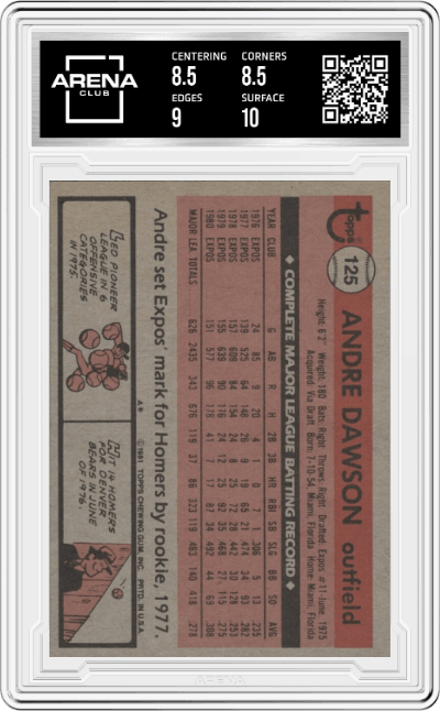 Andre Dawson from the 1981 Topps set graded by Arena Club and given an overall grade of 9.