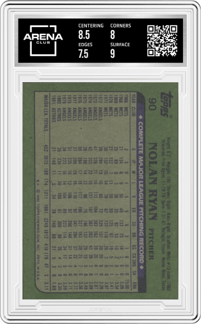 Nolan Ryan from the 1982 Topps set graded by Arena Club and given an overall grade of 8.
