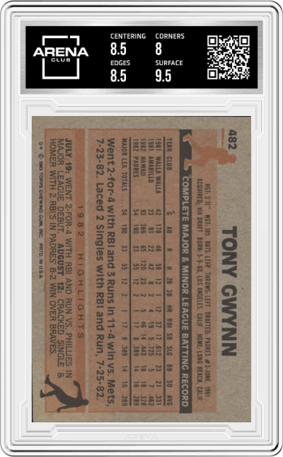 Tony Gwynn from the 1983 Topps set graded by Arena Club and given an overall grade of 8.5.