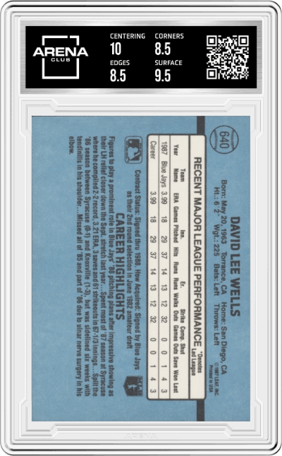 David Wells from the 1988 Donruss set graded by Arena Club and given an overall grade of 9.