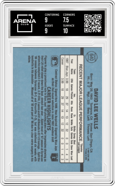 David Wells from the 1988 Donruss set graded by Arena Club and given an overall grade of 8.