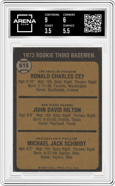 Ron Cey/John Hilton/Mike Schmidt from the 1973 Topps set graded by Arena Club and given an overall grade of 4.