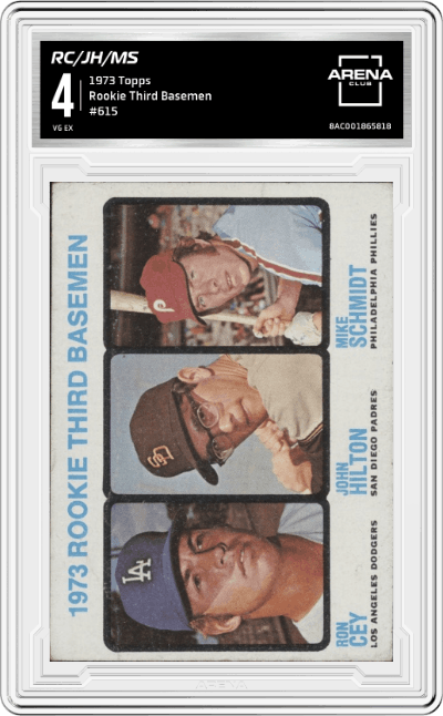 Ron Cey/John Hilton/Mike Schmidt from the 1973 Topps set graded by Arena Club and given an overall grade of 4.