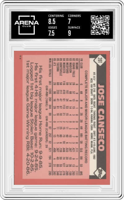 Jose Canseco from the 1986 Topps Traded set graded by Arena Club and given an overall grade of 7.5.