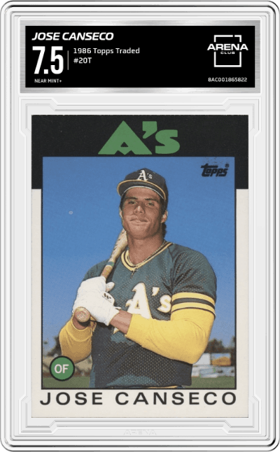 Jose Canseco from the 1986 Topps Traded set graded by Arena Club and given an overall grade of 7.5.